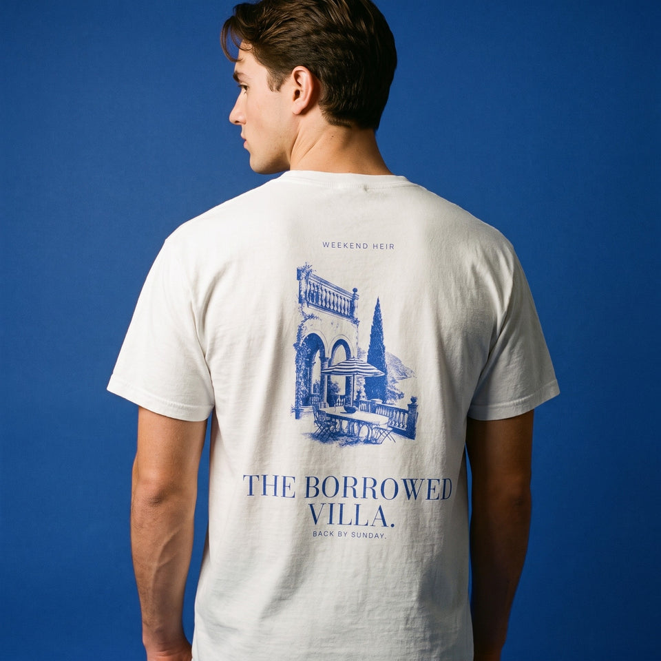 White | Back on model | WEEKEND HEIR The Borrowed Villa Tee in White, worn, back print showing