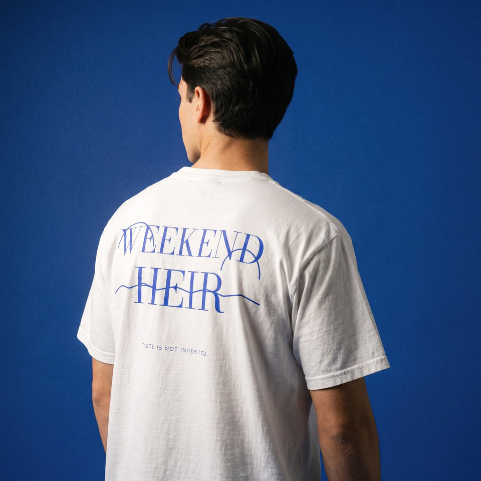 White | Back on model | WEEKEND HEIR Signature Tee in White, worn, back print showing