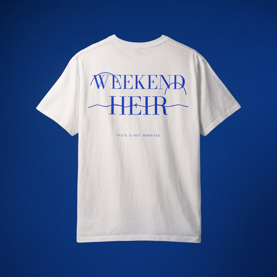 White | Back | WEEKEND HEIR Signature Tee in White, studio, the WEEKEND HEIR wordmark on the upper back